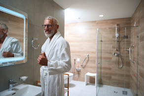 Life Assure Senior Man Wearing Bathrobe In Bathroom Blog